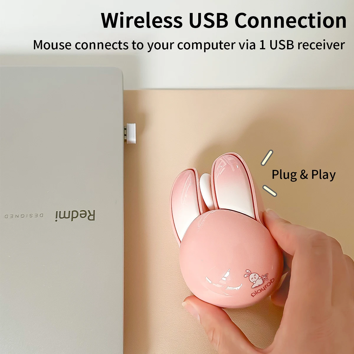 MOFii M6AG 핑크 귀여운 토끼 무선 마우스, 카와이 하이디자인, 2.4G 플러그 앤 플레이, 사무실 노트북 및 데스크탑과 호환 가능