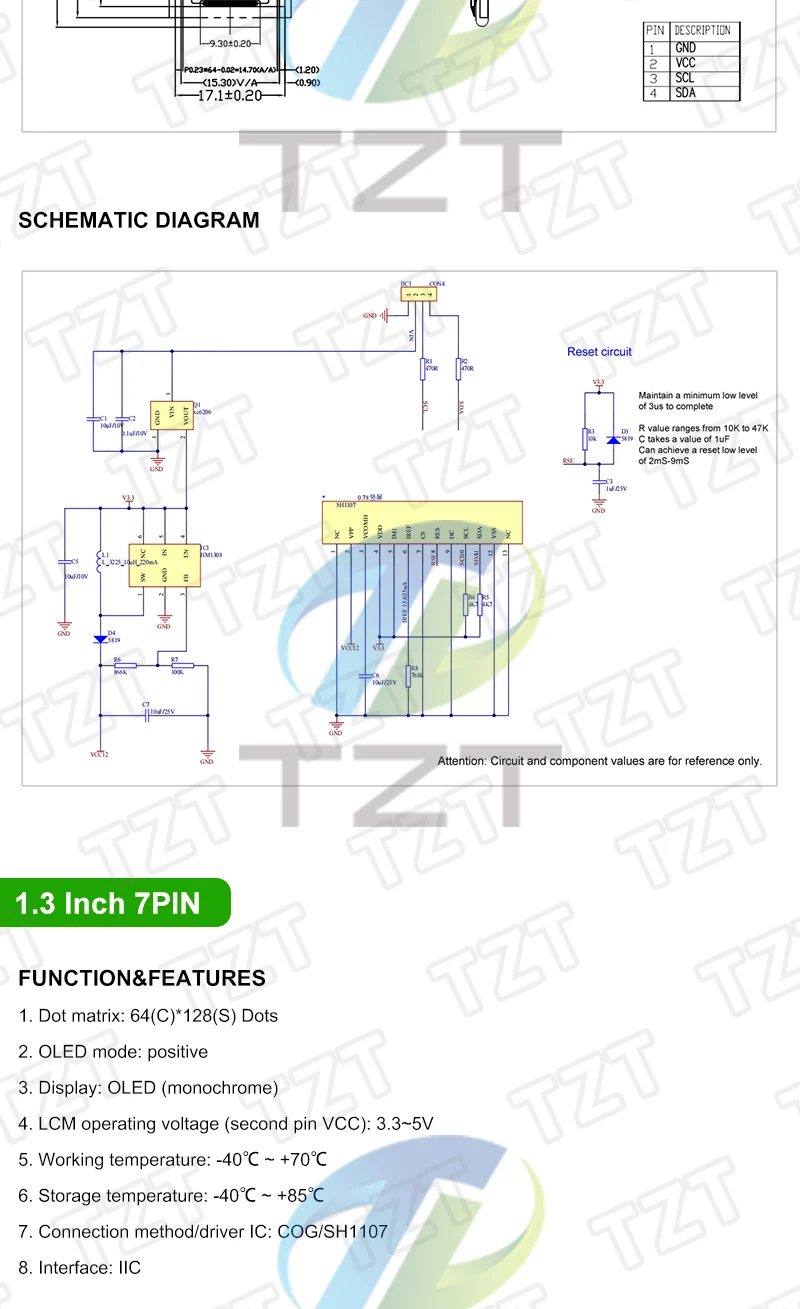 TZT 0,96 / 1,3 / 1,54 Zoll OLED-Display 64×128 LCD-Modul SH1107 SSD1312 SSD1317 4PIN 7PIN LCD 1,3 " OLED Vertikales Bildschirmmodul – Detail 4