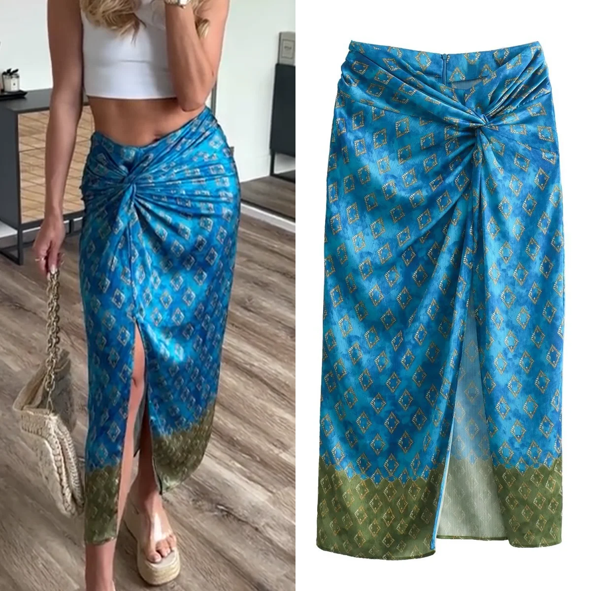 

TRAF printed silk satin texture women's skirt high waist slit women's bohemian style beach vacation mid-length skirt 2024 summer