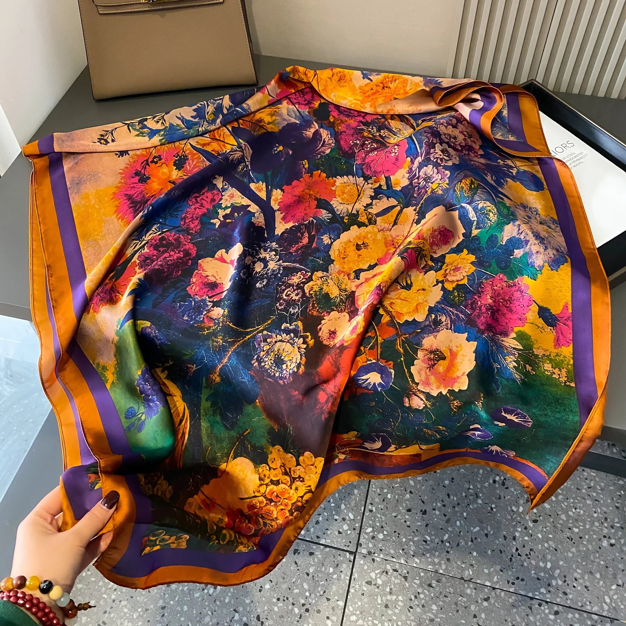180*90cm Luxury Brand Women Summer Silk Scarves Shawls Lady Wraps Soft Female Geometry Beach Stole Bandanna Foulard Muffler 2