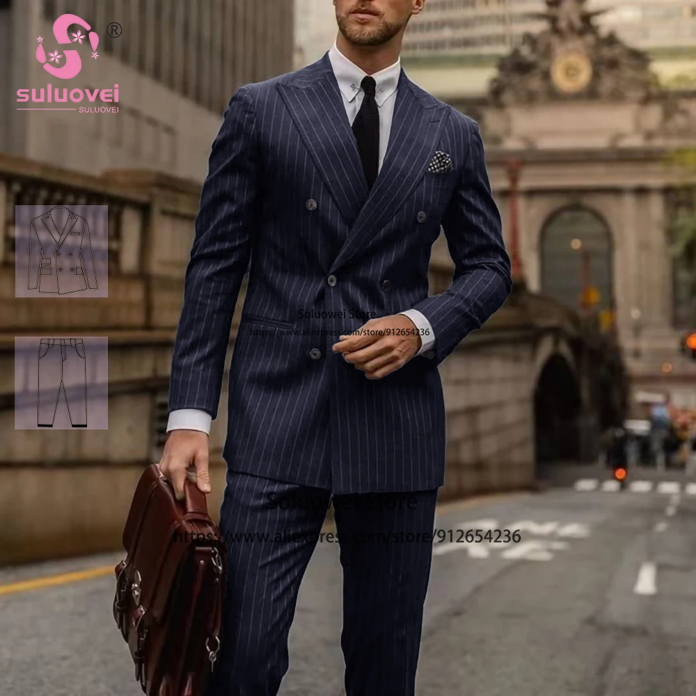 

Fashion Pinstripe Suits For Men Elegent Slim Fit 2 Piece Pants Set Formal Groom Double Breasted Wedding Tuxedos Blazer Masculino