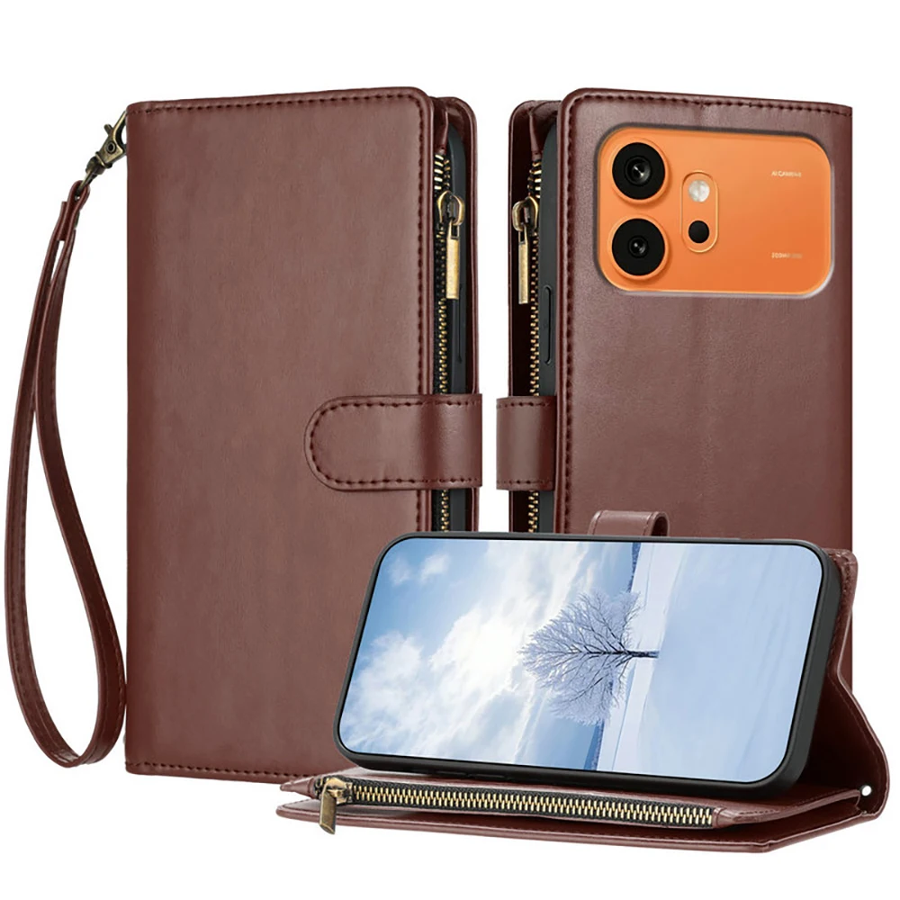 Luxurious Leather Crossbody Wallet with 9-Card Flip Case and Zipper Pocket