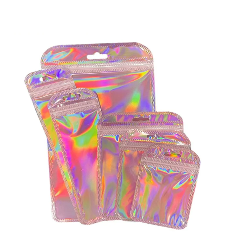 50/pcs Iridescent Self Sealing Bags Pink Laser Plastic Pouches Resealable Zip Lock Packaging for Jewelry Display Retail Bags
