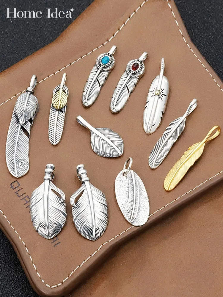 

Винтажные подвески из серебра 925 пробы с перьями для женщин и мужчин, ретро дизайн, бирюзовые инкрустированные подвески, Аксессуары для ожерелья
