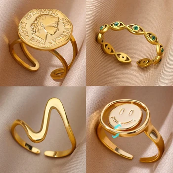 Gold Color Portrait Coin Rings for Women Stainless Steel Green Zircon Evil Eye Ring Aesthetic Wedding Fashion Jewelry Gift