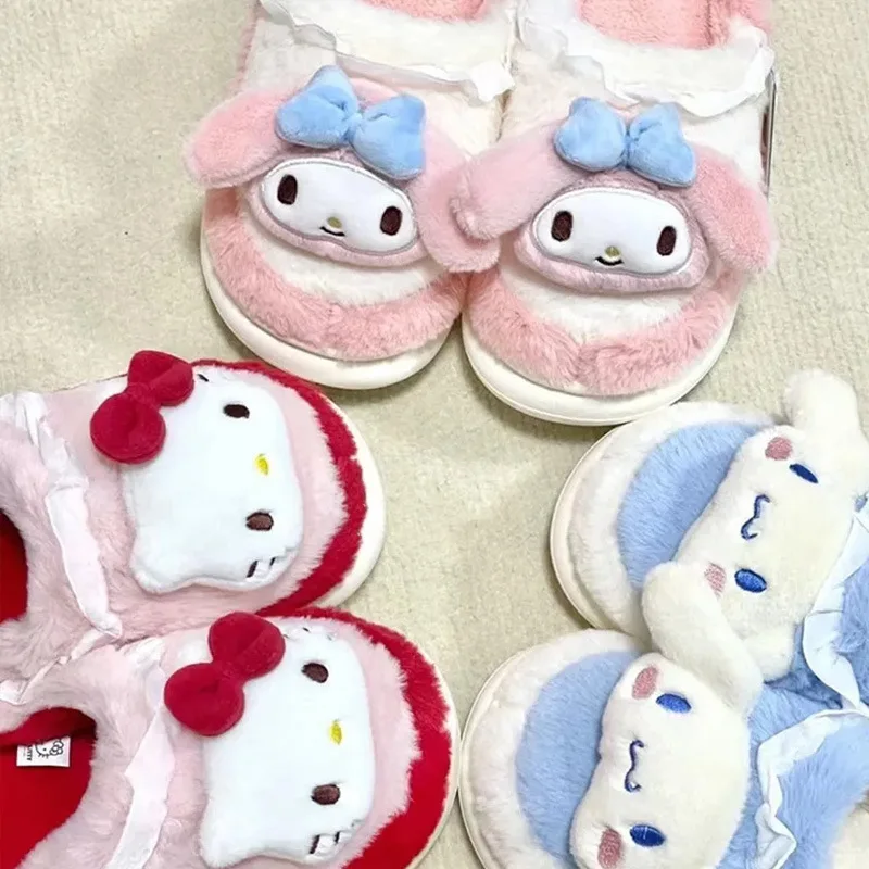 New Sanrio Kuromi Hello Kitty Thick Sole Cotton Slippers for Women's Indoor Home Cute Winter Warm Cartoon Cinnamoroll Slippers
