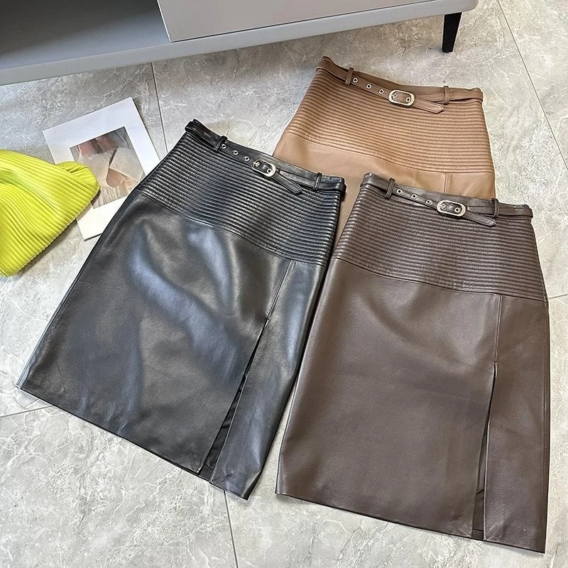 Europe Autumn Chic OL Elegant Belt High-rise Leather Pencil-skirt High Quality Genuine-leather Women Skirts C647 spring autumn designer women s high rise leather skirts chic genuine leather pockets a line skirt c971