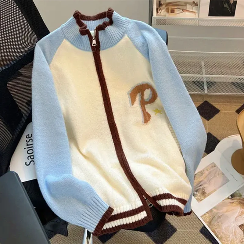 

Vintage Brown Color Matching Stand Collar Knitted Cardigan Coats Women Loose Zipper Sweaters Jacket Autumn Winter Korean Preppy