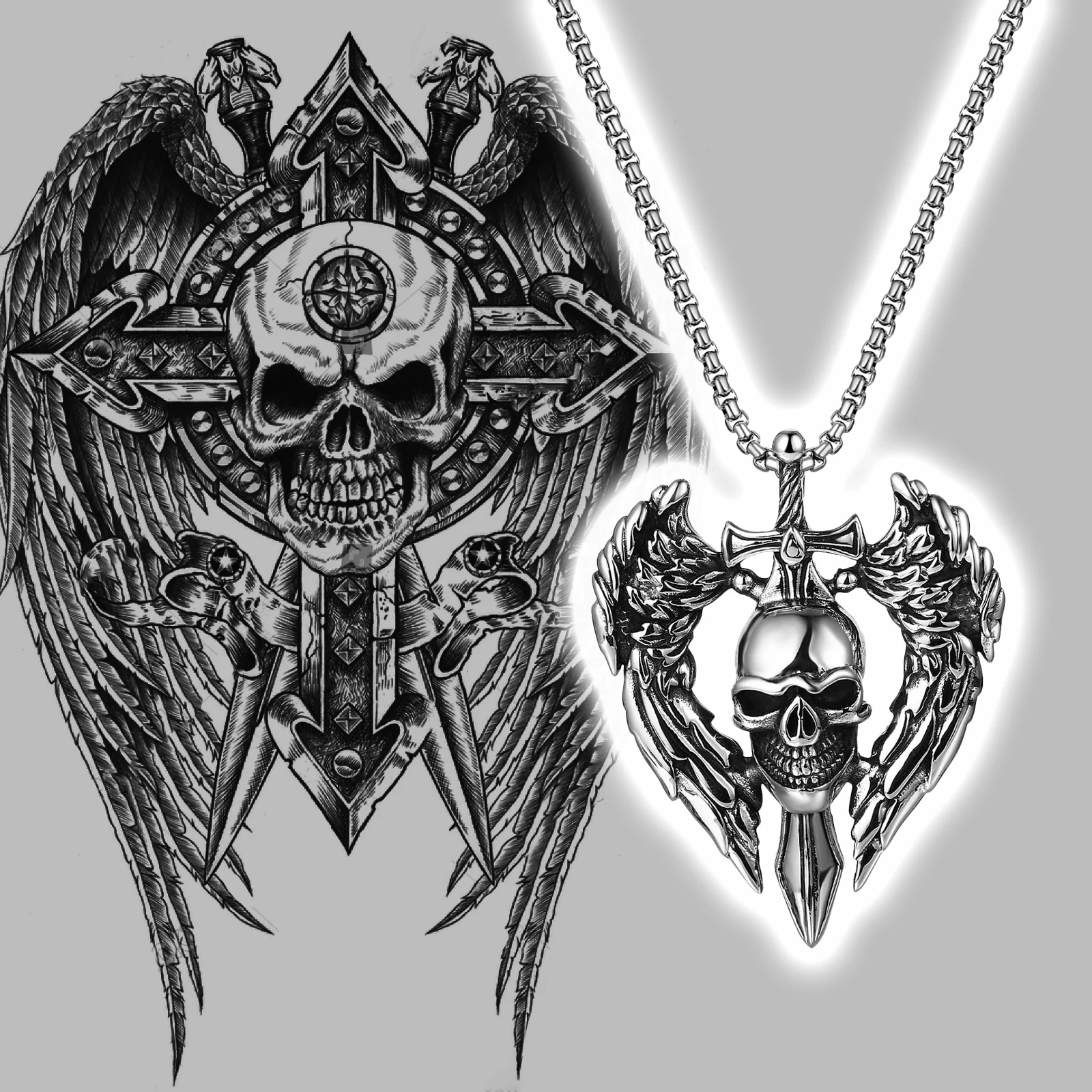 Cross necklace men's punk angel wings skull pendant jewelry Hip Hop rock  accessories best gifts for parties and holidays