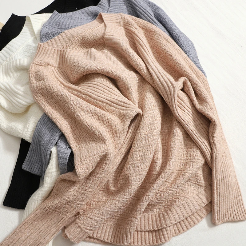 

Loose Knitted Curved Hem Raglan Sleeve Pullover Women's Casual Autumn New Fashion Long-Sleeved V-Neck Sweater Mujer Tops