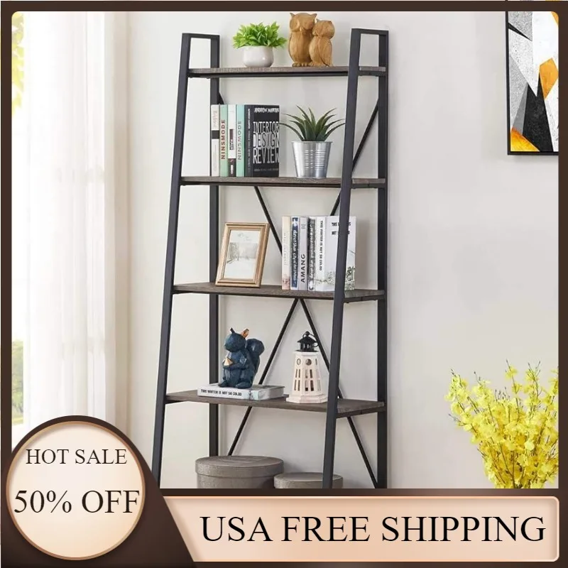 

BON AUGURE 5-Tier Wood and Metal Ladder Shelf, Industrial Leaning Bookcase (Dark Grey Oak)14.17"D x 27.56"W x 65.55"H