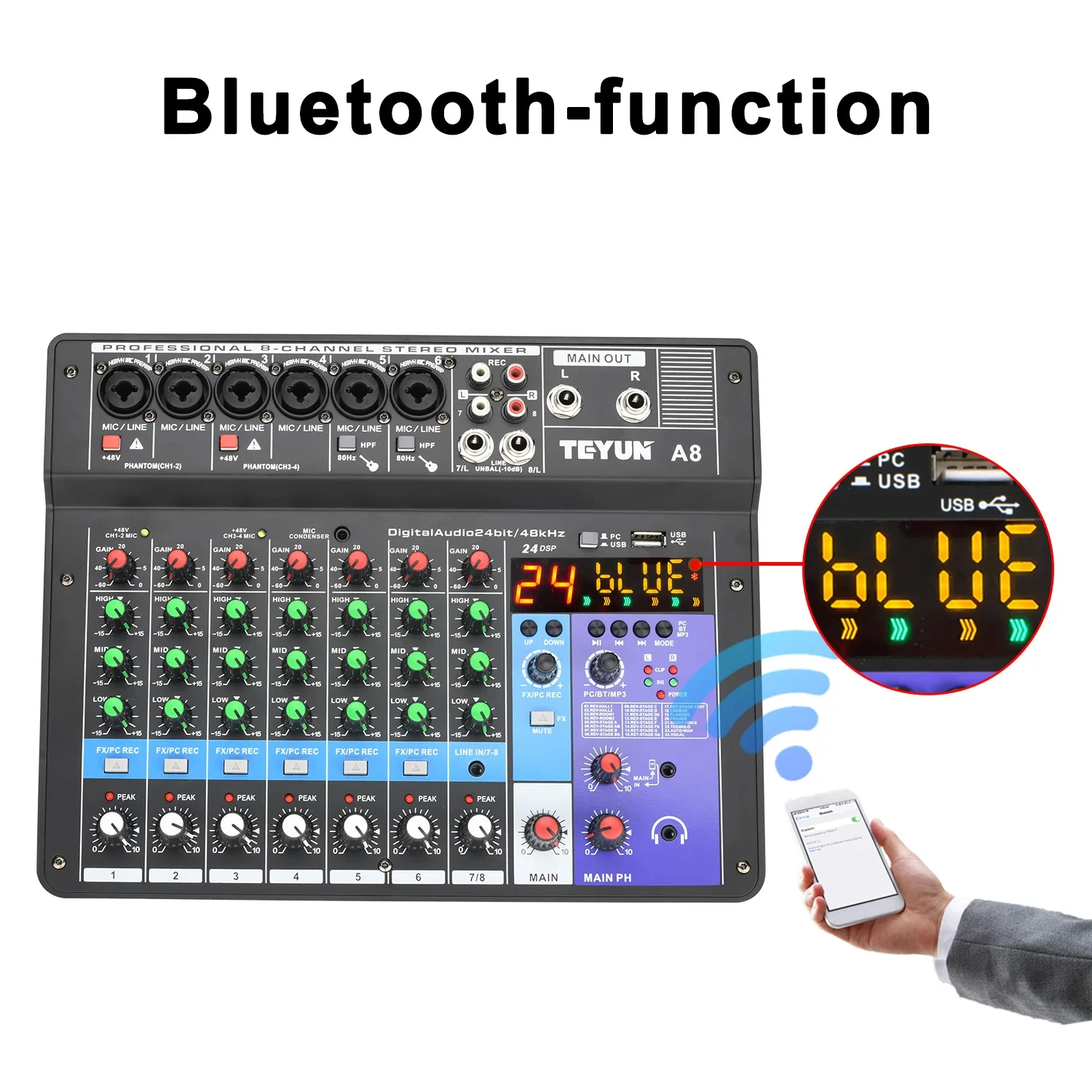 TEYUN 8 6 4 채널 DJ 사운드 믹싱 테이블 24 DSP 효과 오디오 믹서 Bluetooth PC USB 재생 녹음 48V 컨트롤러 믹싱 콘솔