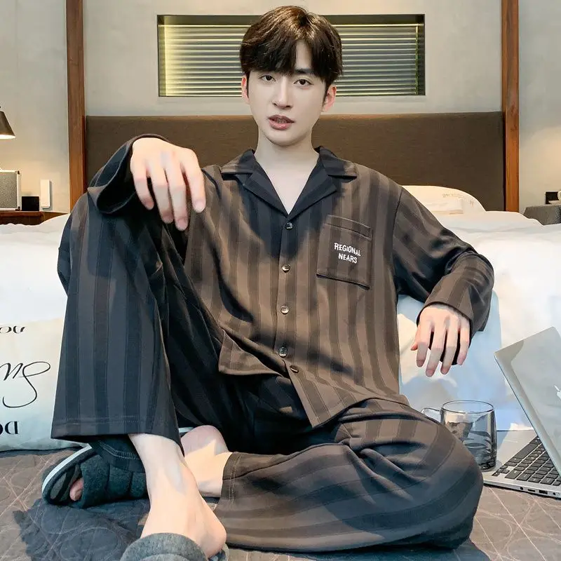 Spring Autumn 2024 New Cotton Long Sleeve Pajamas Cartoon Thin Nightdress Men's Loose Casual Nightgown Lapel Print Home Wear Set