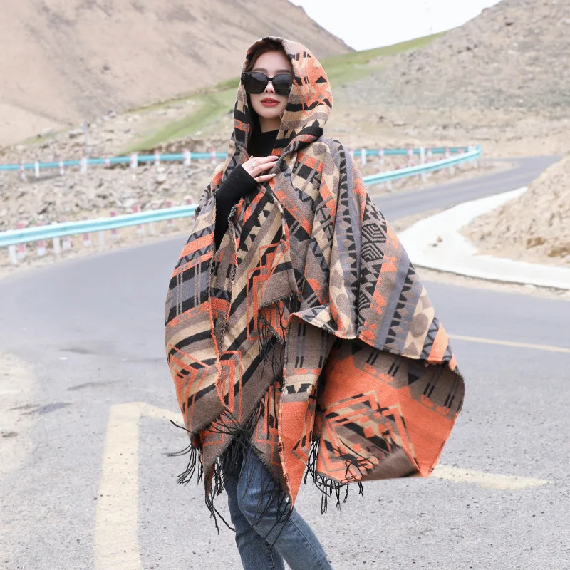 WeHello-Autumn and Winter New Shawl Women's Imitation Cashmere Warm Bohemian Ethnic Style Hat Cloak Travel Style