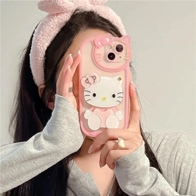 Sanrio Hello Kitty Kawaii KT Head Mirror Phone Case For iPhone 15 14 13 Pro Max 11 12 13 Pro XR XS MAX 7 8 Plus Girl Y2K Cover