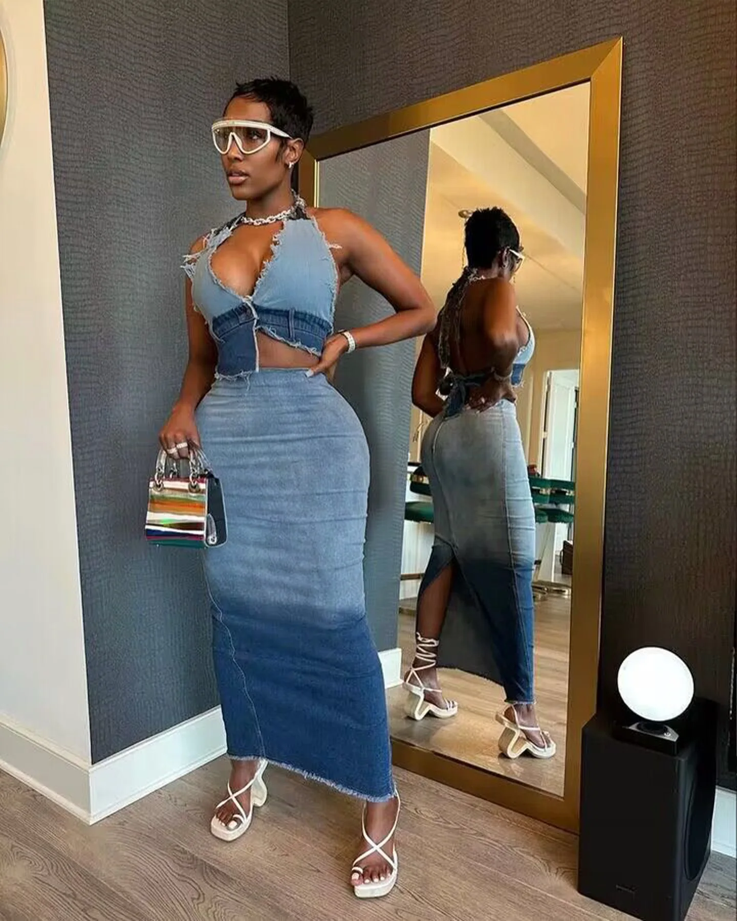 

Vintage Gradient Burr Denim Two Piece Set Sexy Lace Up V Neck Crop Top + Long Skirts Slit Slim Club Outfits Casual Streetwear