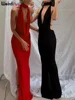 Weird Puss Hollow Halter Dress Women Low-Neck Backless Sexy Sleeveless Slits Robe Trend Midnight Banquet Coquettish Long Bodycon 1