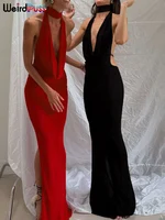 Weird Puss Hollow Halter Dress Women Low-Neck Backless Sexy Sleeveless Slits Robe Trend Midnight Banquet Coquettish Long Bodycon 1