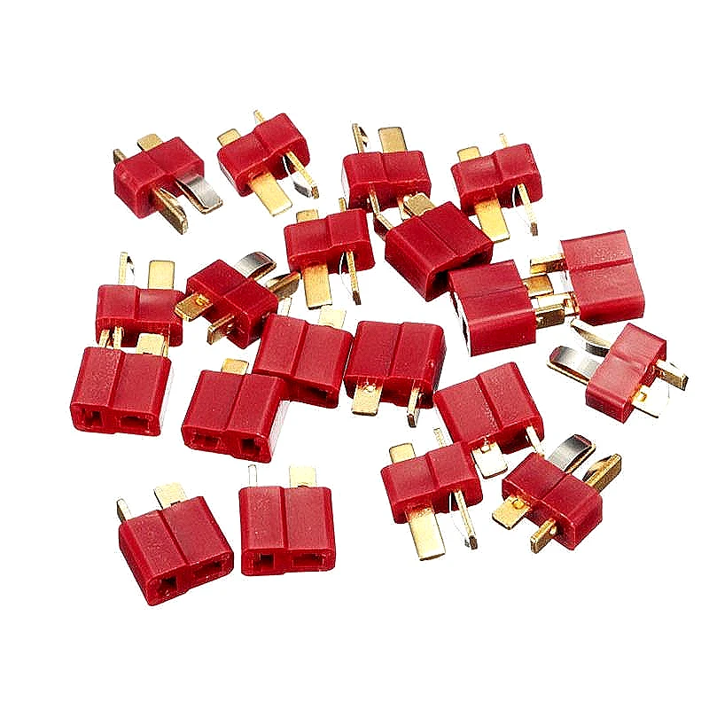 Lot de 10 paires de connecteurs T Plug pour batterie RC, disposés en rangée sur fond blanc.