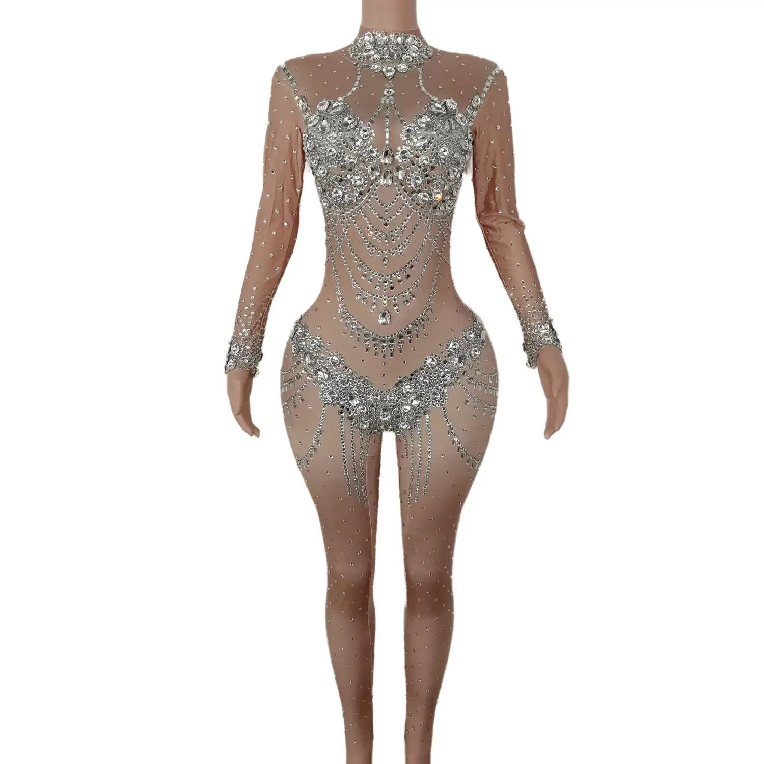 

Women Outfit Diamonds Bodysuit Party Celebrate Occasion Wear Sparkly Crystals Jumpsuit Costume Bling Big Stones Rompers