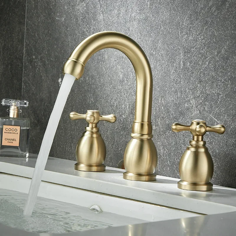 Luxury Brushed Gold Basin Faucet Brass Bathroom Widespread Antique Sink Faucets 3 Hole Hot Cold Sink Water Tap