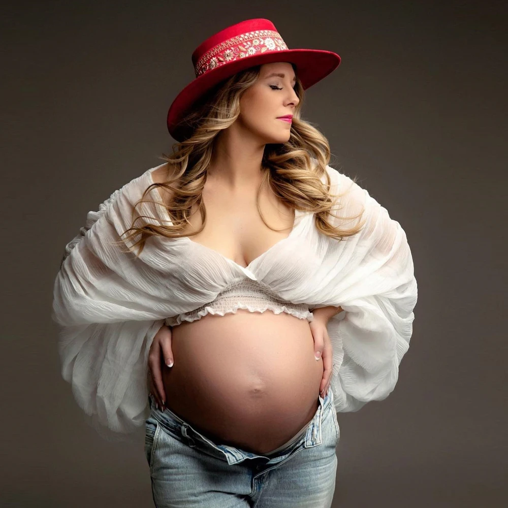Chiffon Summer Maternity Dress Photo Shooting Pleated Top Flare Sleeve See Through Pregnancy Photography Outfit Women Clothing