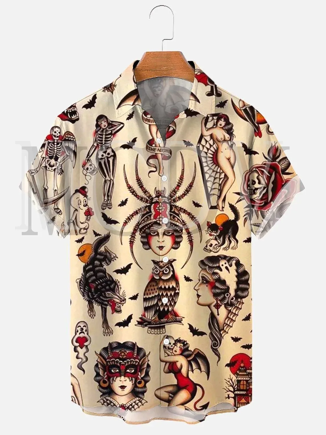 Men's For Women's Shirts Vintage Tattoo Indian Toad Warrior Print Casual Breathable Short Sleeve Hawaiian Shirt