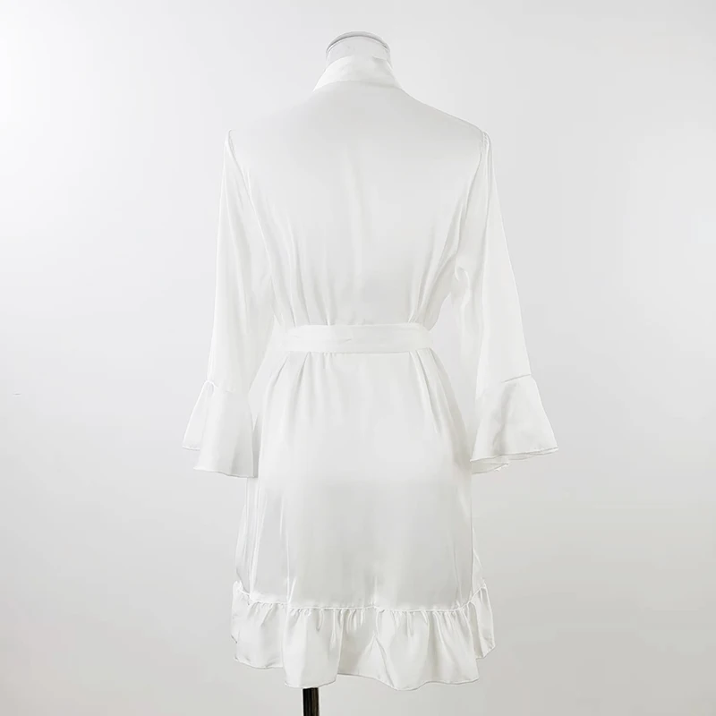 White Black Satin Robe Ruffle Sleeves Sweet Women's Ruffled Nightgown Summer Spring Soft Silky Satin Sleepwear Kimono Bathrobe