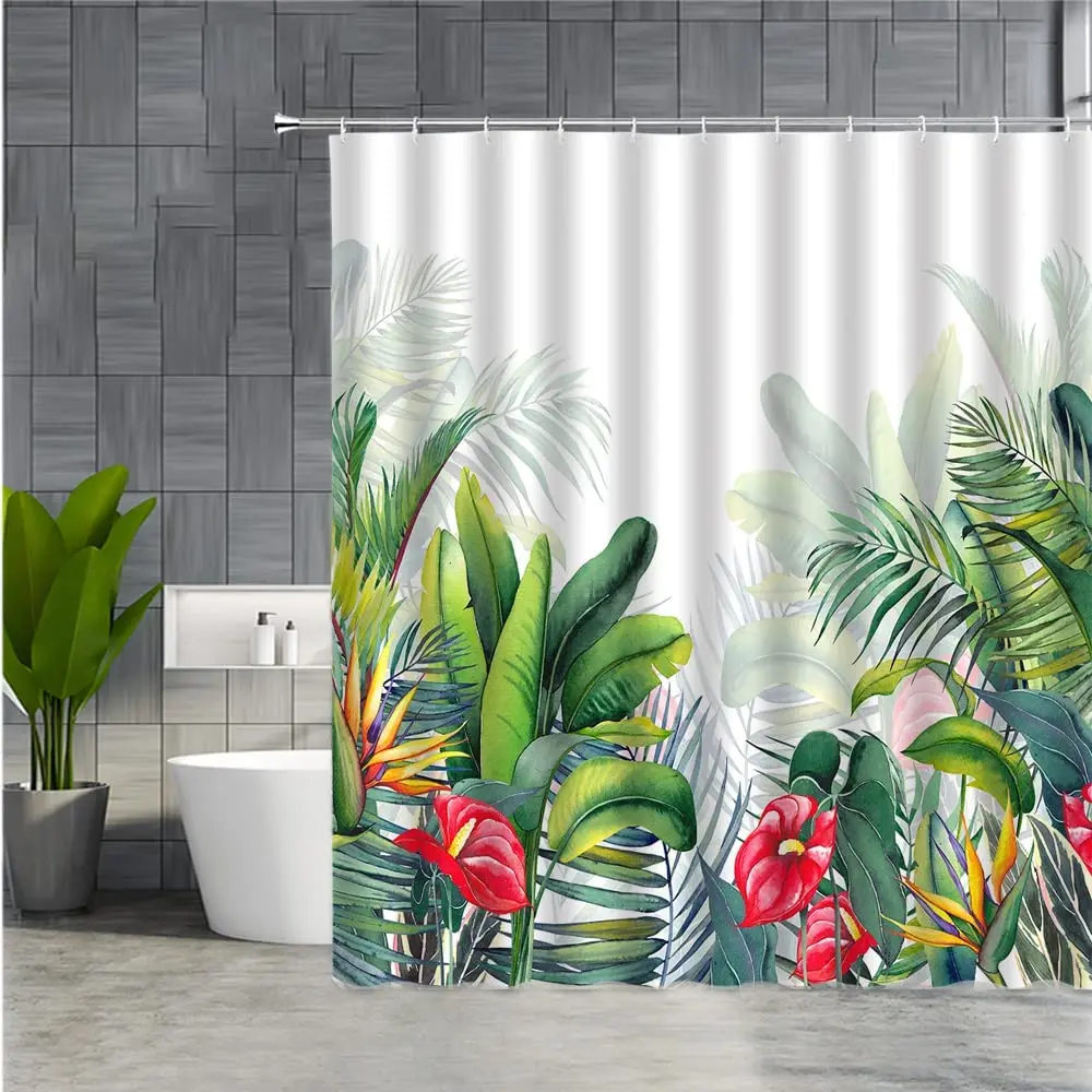 

Green Plant Shower Curtain Flowers Exotic Tropical Strelitzia Palm Trees Banana Leaves Botanical Watercolor Leaf with Hooks