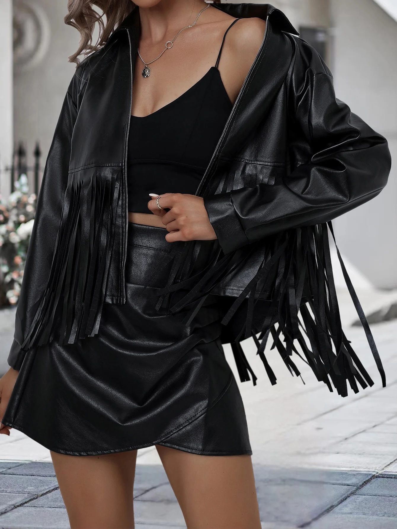

Finjain Women's Jacket Fringe Trim PU Leather Jackets Lapel Black Open Front Zipped Coat For Autumn & Winter