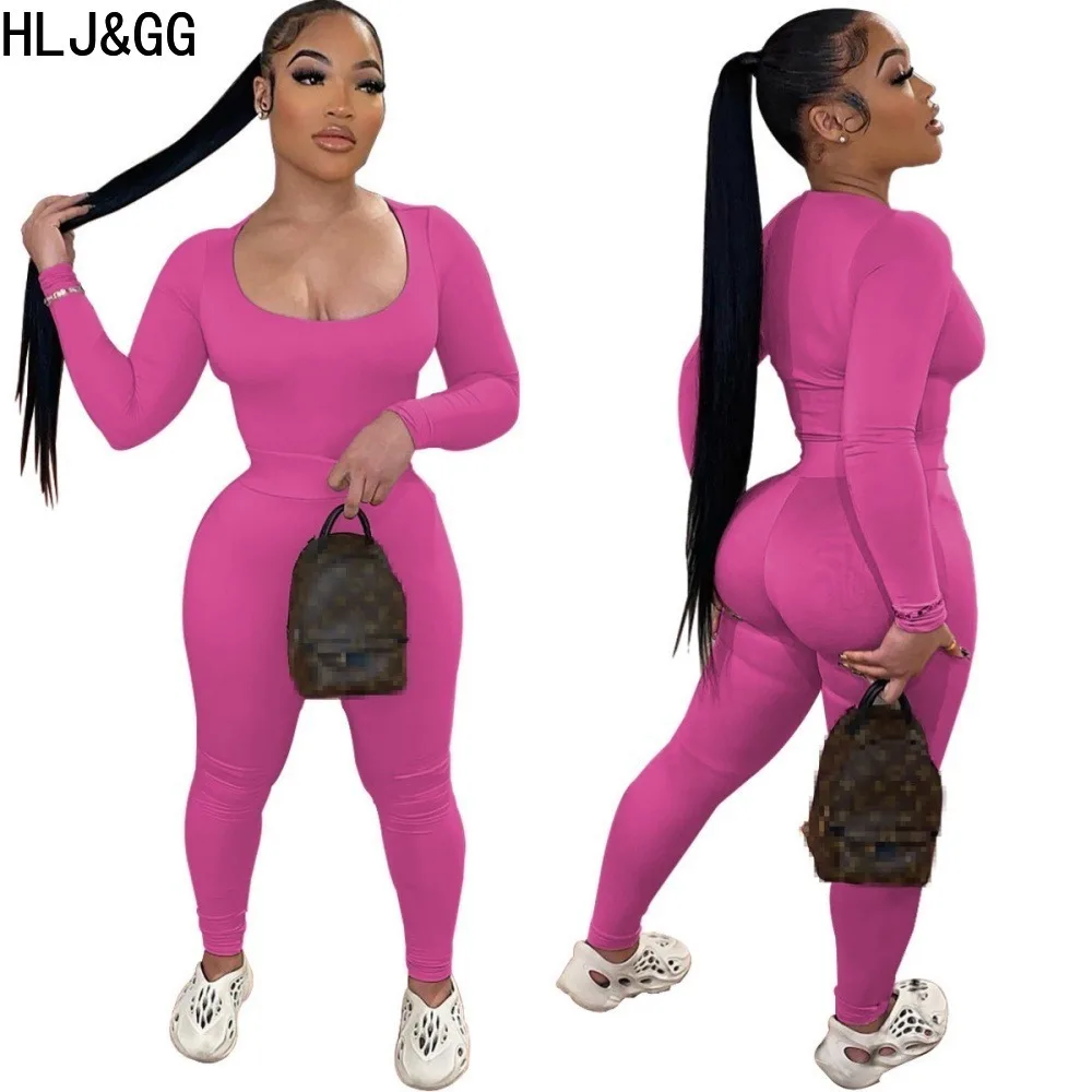 HLJ&GG Casual Solid Skinny Pants Two Piece Sets Women U Neck Long Sleeve Top And Pants Tracksuits Spring New Elasticity Outfits