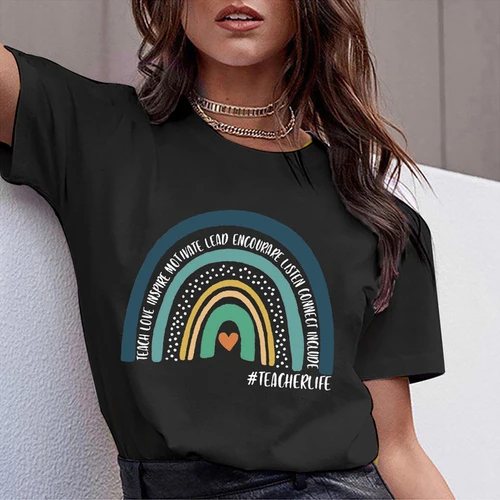 thumbnail image 1 of Camiseta de profesora de arcoíris, moda de verano, Harajuku, viento, letras de arcoíris, camiseta de manga corta de talla grande, Tops de tendencia para mujer, 1 of 5