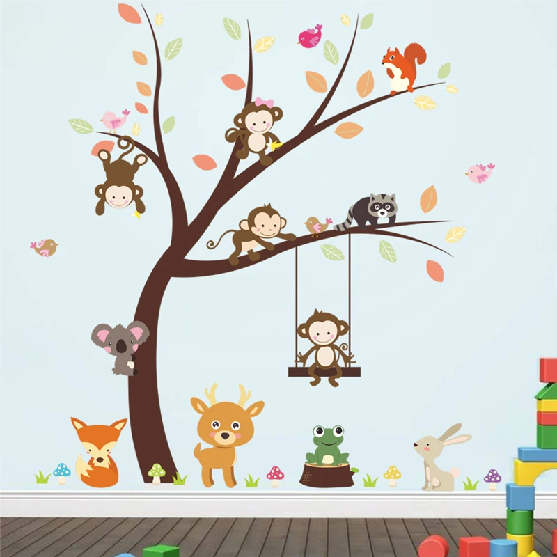 

Cute Monkey Fox Bird Animal BigTree Wall Sticker For Kids Room Livingroom Home Decoration Cartoon Safari Mural Art Pvc Decals