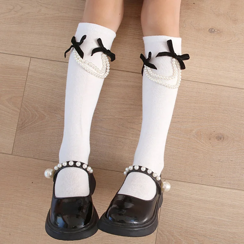 Baby Princess Kids Girls Knee High Long Sock Children White Black Pearl Bow Calf Children Sock Soft Cotton School Pile Stockings