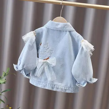 여아용 봄 가을 패션 데님 재킷, 팔발라 전체 소매 만화 고양이 자수, 캐주얼 유아 소녀 레이스 보우 진 탑, 아웃웨어