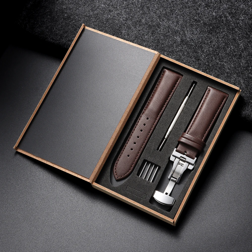 Premium Genuine Leather Watch Band with Butterfly Clasp - Brown & Black Bracelet Strap