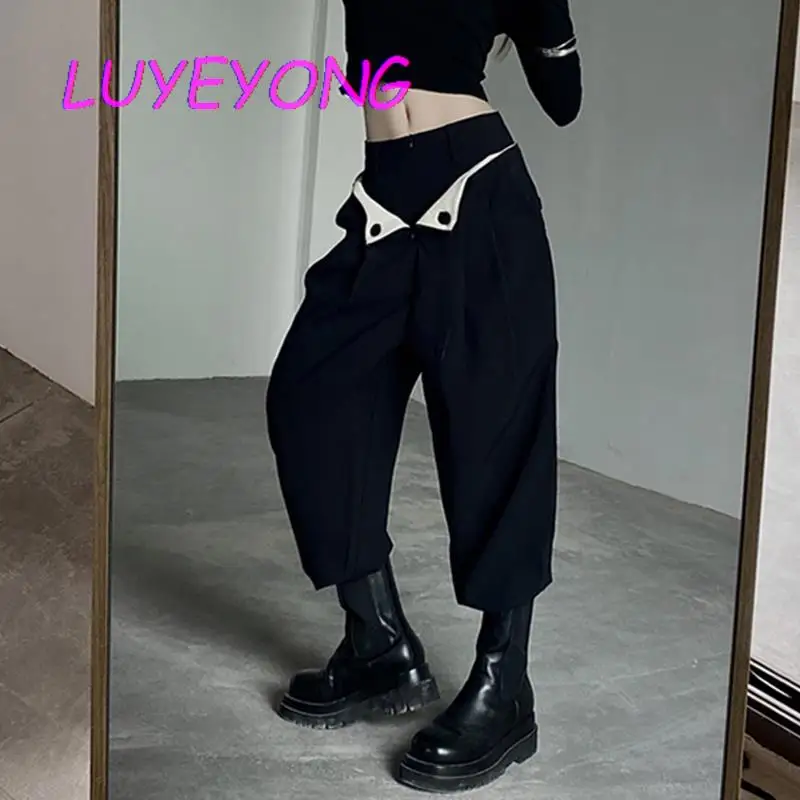 

Japanese Harajuku Empire Trousers Safari Style Lady Fashion Waist Design Black Long Cargo Pant Female High Street Harem Pants