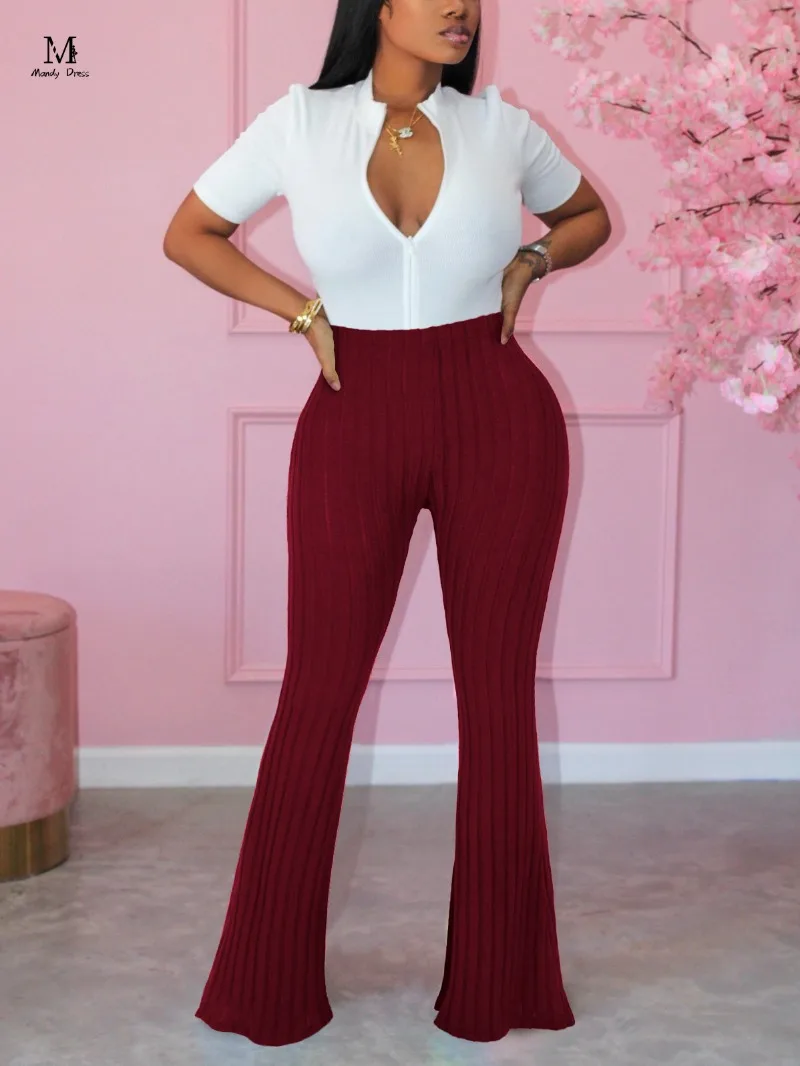 

Knit Women Flare Pants High Waist Skinny Stripe Bell Bottoms 2023 Autumn Winter Street Fashion Long Trousers