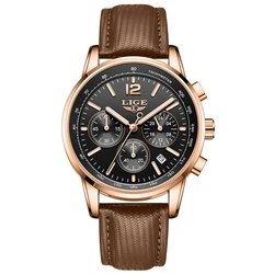 Luxury Men's Leather Watch - LIGE Chronograph Sport Waterproof with Gift Box (Rose black)