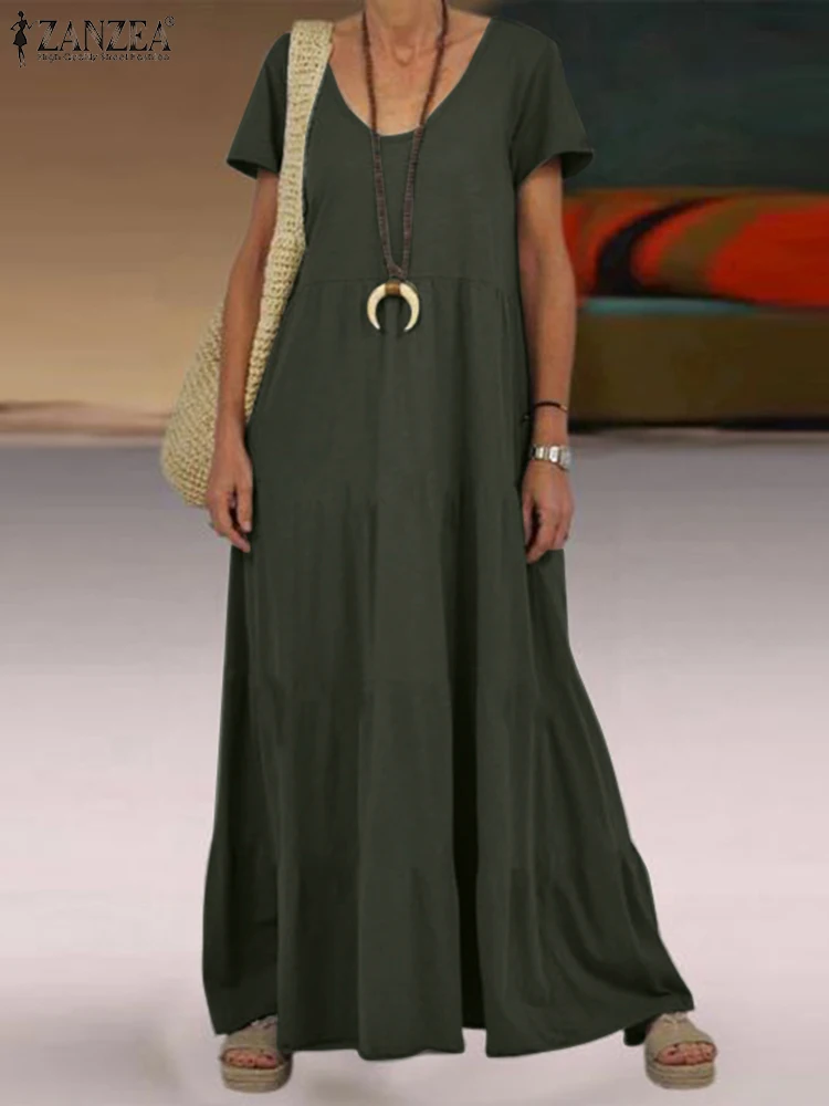 

ZANZEA Solid Holiday Casual Dress Summer Short Sleeve V-Neck Vestidos Women Elegant Beach Loose Sundress Bohemian Maxi Robe 2023