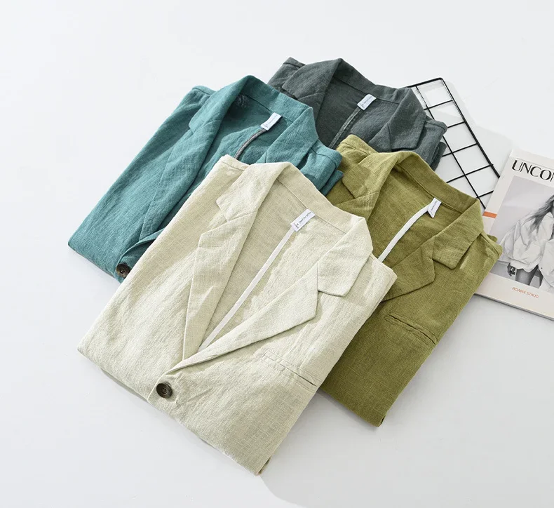 Description Picture 3 of itemNew Cotton Linen Men's Blazer Spring Summer Daily Casual Man Blazers Loose Green Suit Jackets Japanese Retro Youth Male Suit