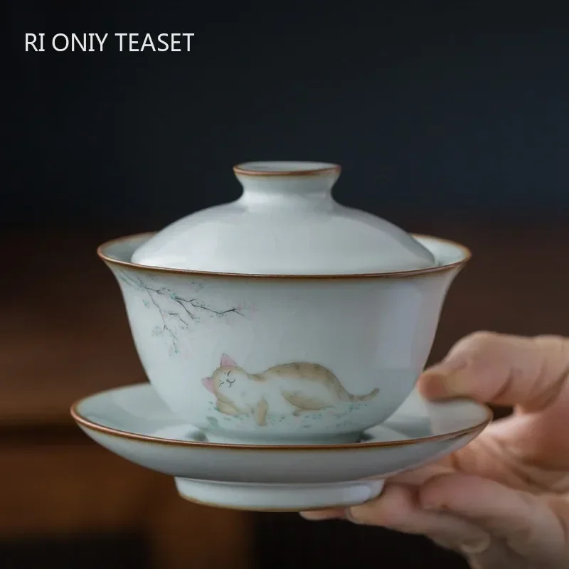 Traditional Ru Kiln Ceramic Tea Tureen Bowl Handmade Cat Pattern Teacup Travel Portable Gaiwan Home Tea Set Drinkware 160ml