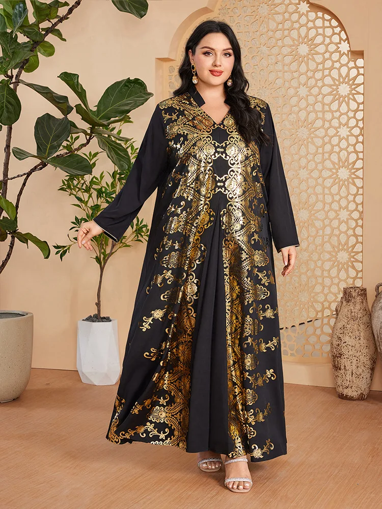 

2024 Plus Size Maxi Dresses for Women Fashion Black Gold Print Long Sleeve Abaya Arab Muslim Clothes Ethnic Spring Autumn Dress