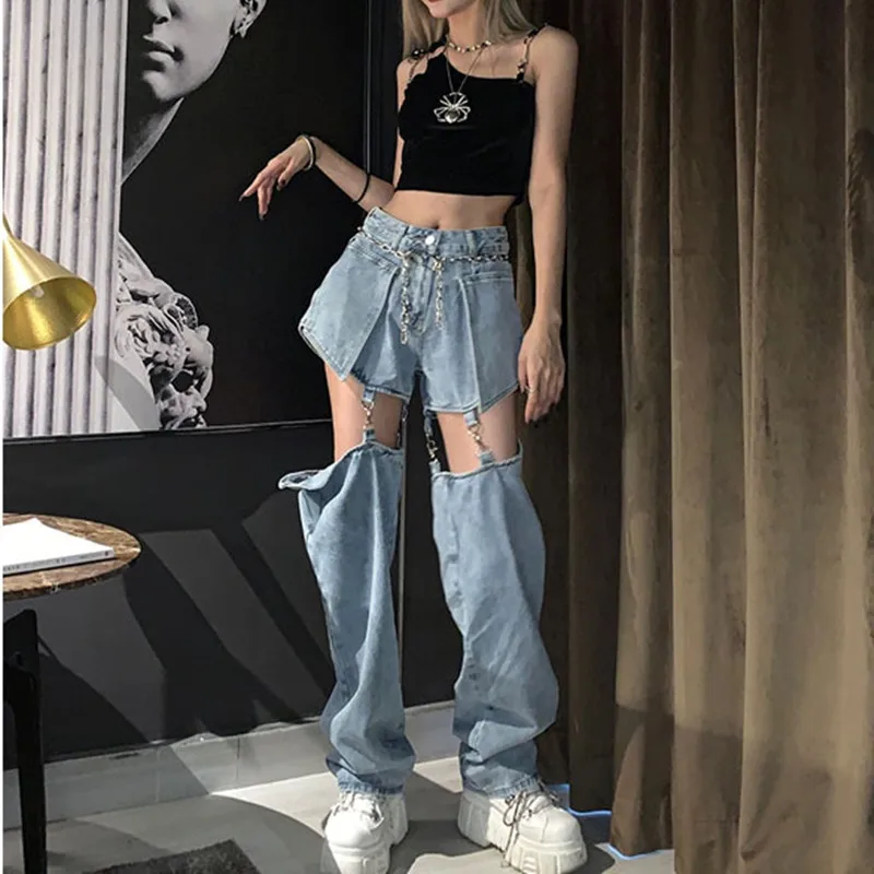 Jeans Straight Loose High Waist Denim Pants Detachable Design Shorts Cutout Suspender Slit Bandage Wide Leg Trousers Hot Girl