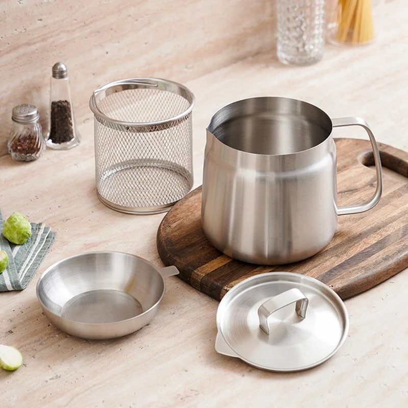 A74E-Oil Pot, Oil Pot Stainless Steel Large Capacity Oil Fryer And Filter Cup Combo Versatile Filter For Kitchen