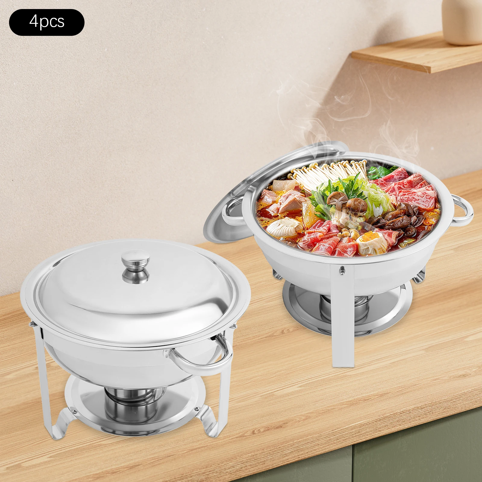 4-teiliges Chafing Dish-Set aus 4,5 l Edelstahl, runder Buffet-Chafer-Wärmer für Catering, keine Montage erforderlich, moderner Bankettserver – Detail 5