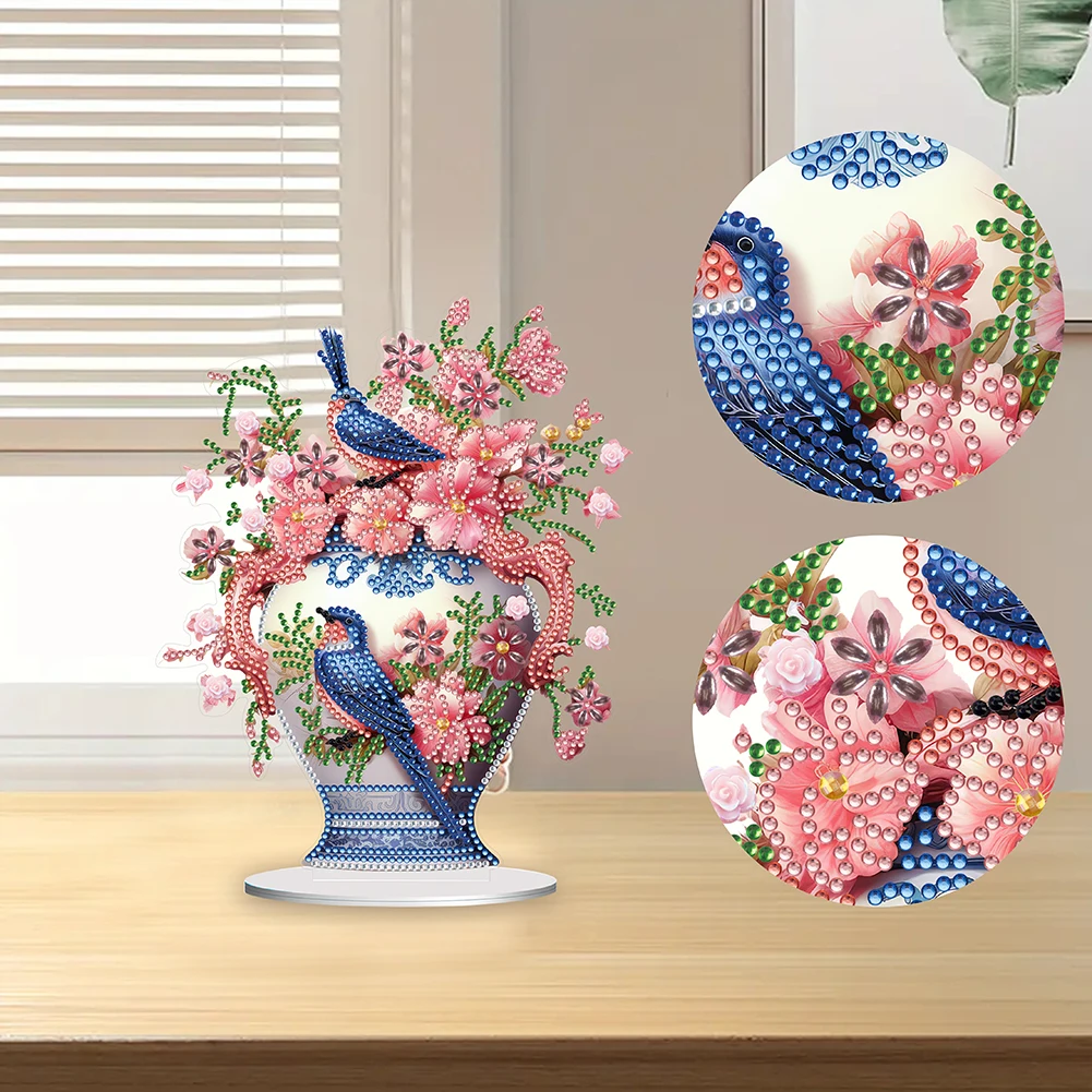 Diamond Painting Set Acrylic Bird Flower Vase Handmade 5D DIY Diamond Art Tabletop Decorations Tabletop Ornaments Kit For Home Decor