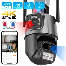 8MP 4K Wifi Camera Dual Lens Ai Auto Tracking Waterproof Security CCTV Video Surveillance Camera Police Light Alarm IP Camera