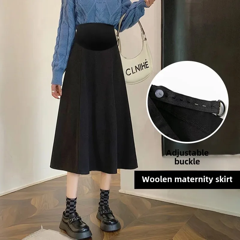 High Waist A- Line Mini Skirt for Pregnant Women Winter Outerwear Woolen Skirt Slimming Mid-Length