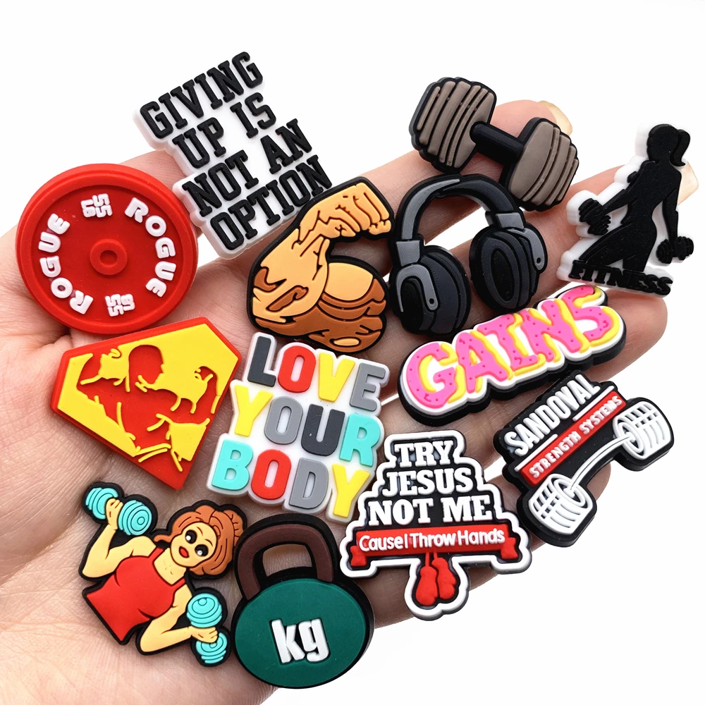 1PCS Cartoon Fitness Series Shoe Charms Dumbbell Lovely Shoe Accessories DIY GYM Fashion Garden Slipper Decor Party Gifts shoe charms,shoe decorations,garden shoe accessories